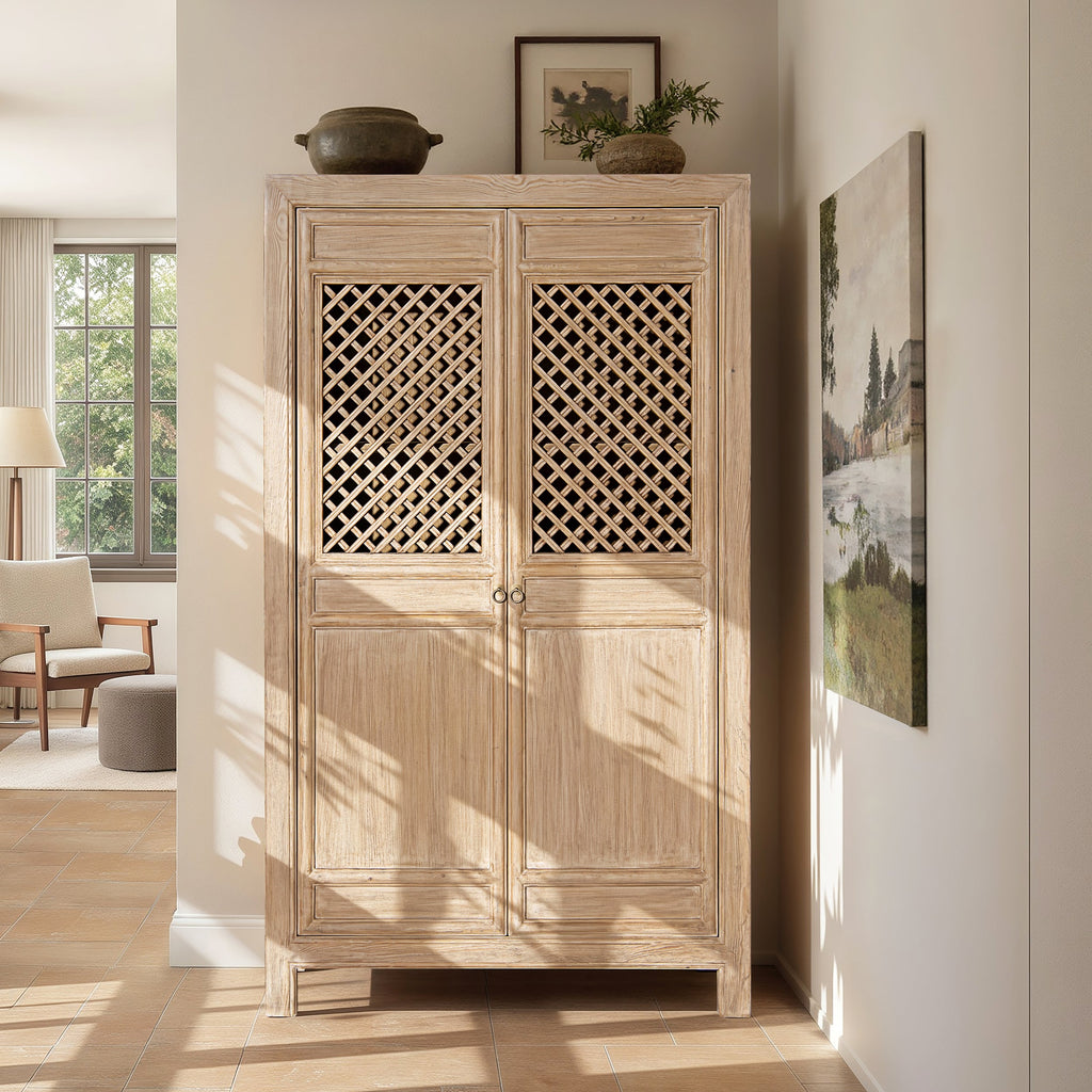 Arden 83" Tall Solid Reclaimed Pine Lattice 2-Door Bookcase