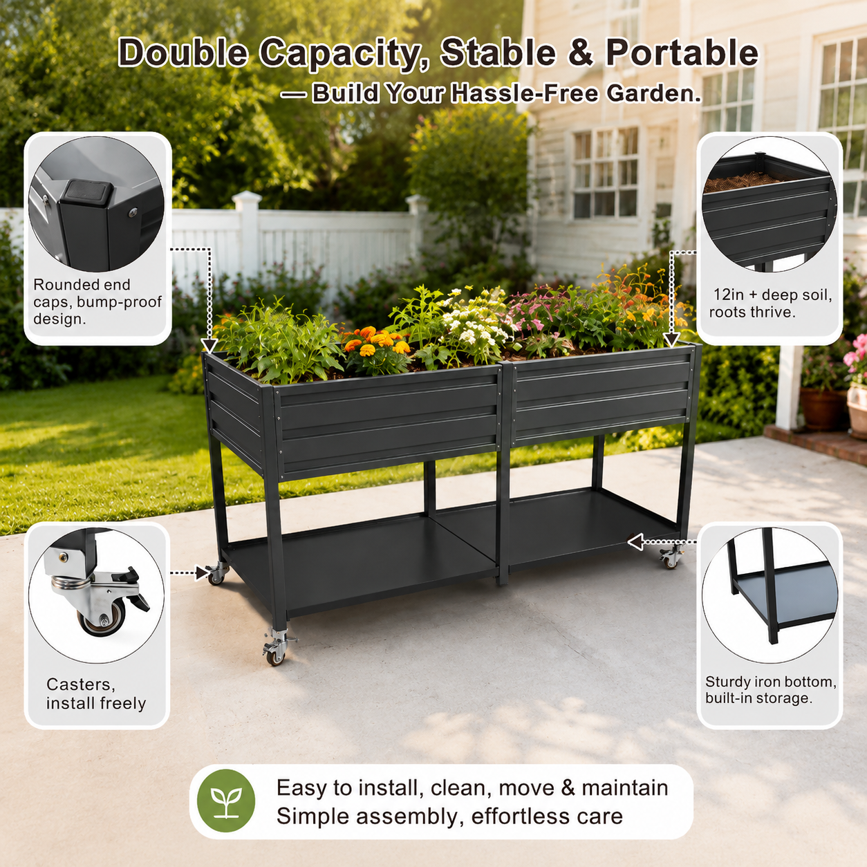 2-Tier Elevated Metal Wicking Garden Bed with Lockable Wheels
