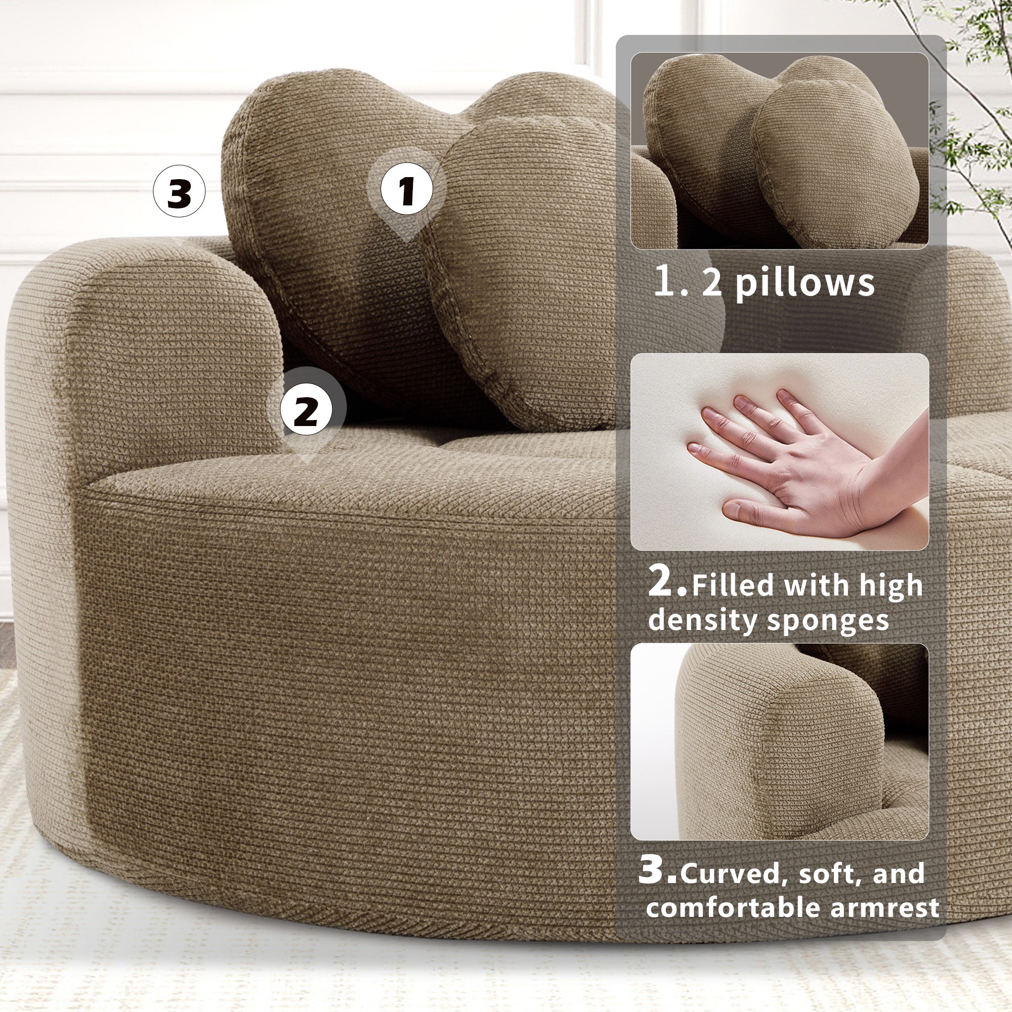 Round Sofa Bed with Memory Foam Sectional Couches for Living Room