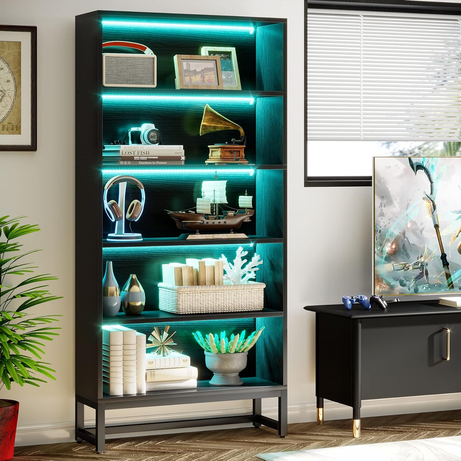 70.87" Black 5-Tier LED Library Bookshelf