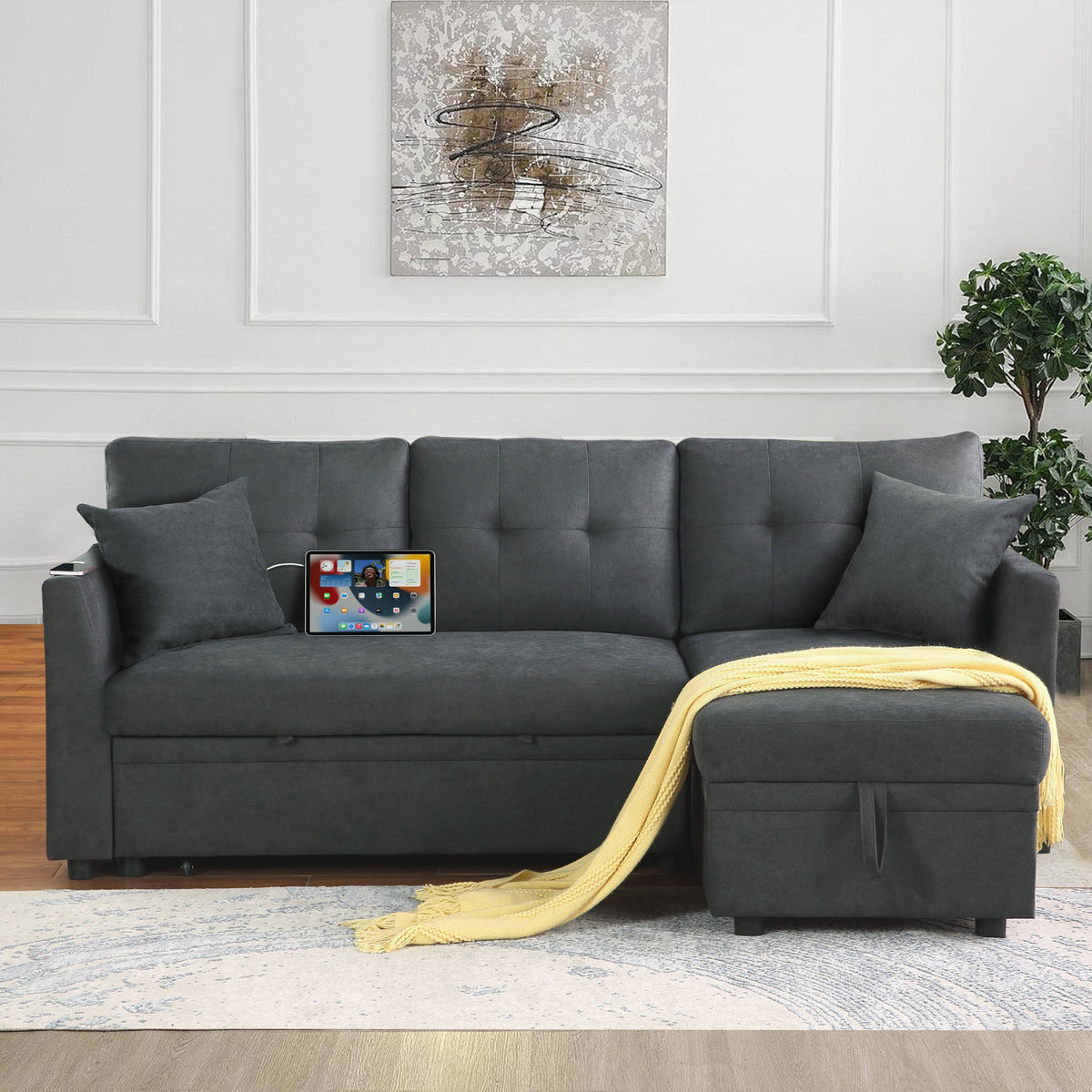 Reversible L-Shaped Sofa Bed with USB Port