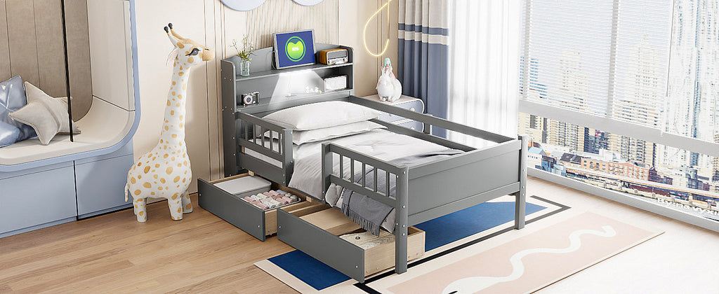 Wood Twin Size Platform Bed with Built-in LED Light