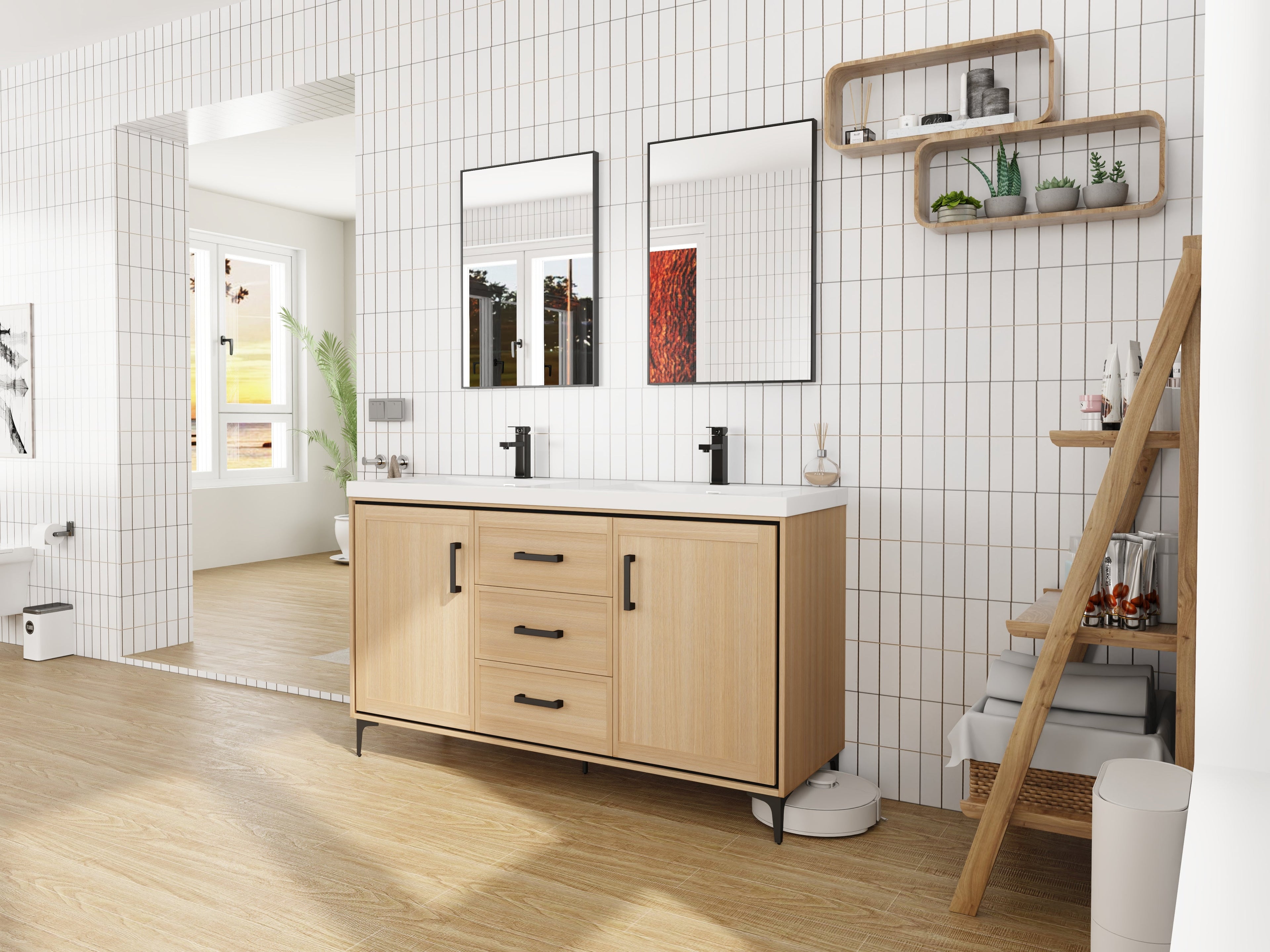 60" Freestanding Bathroom Vanity with Double Resin Sink