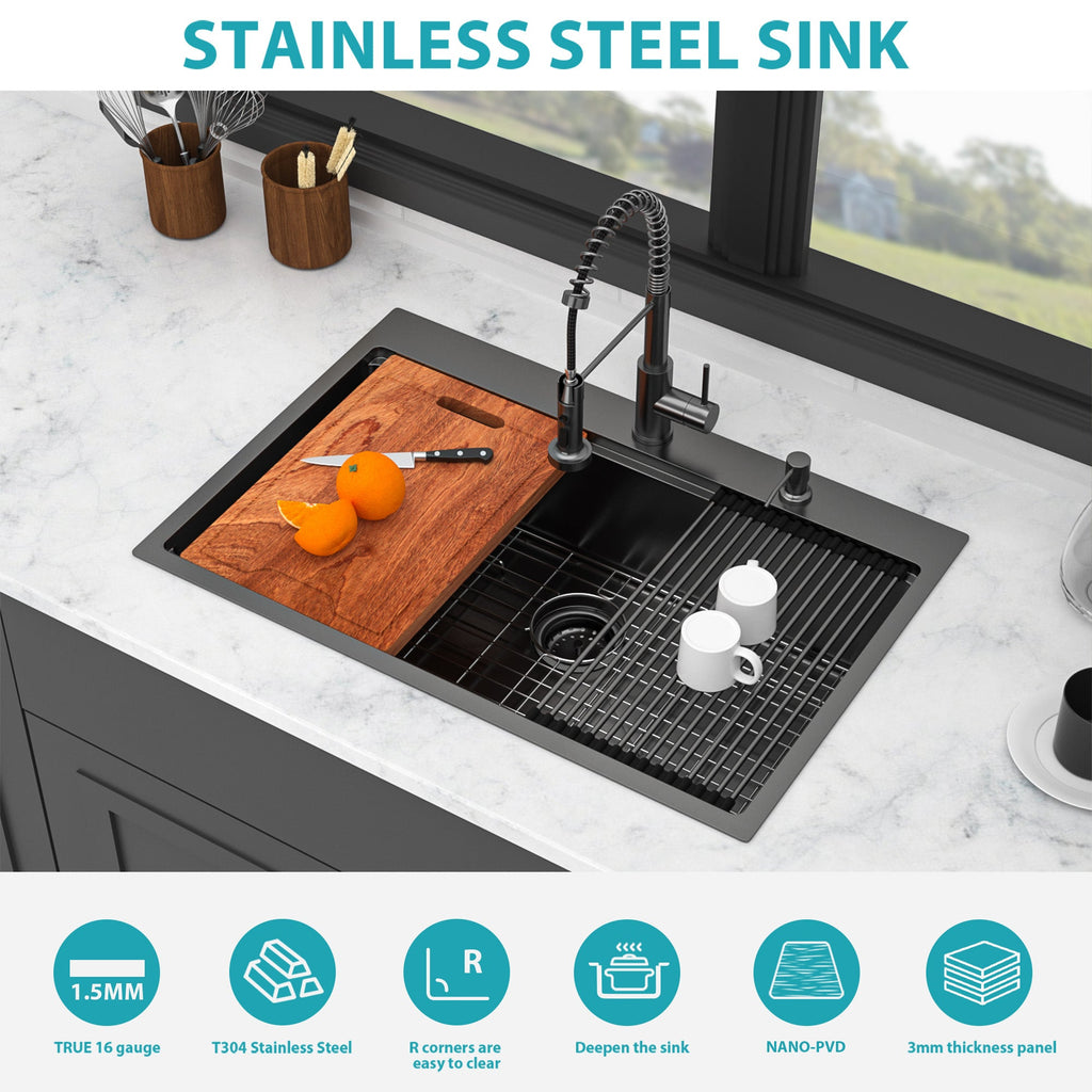 33" Drop-in Workstation Gunmetal Kitchen Sink