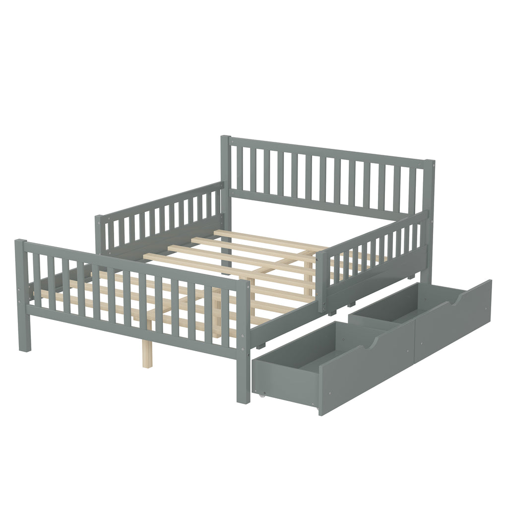 Full Size Wood Platform Bed with Guardrails on Both Sides and Two Storage Drawers