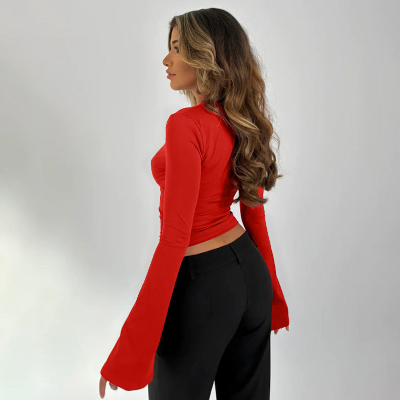 Summer New Product, Sweet And Spicy Style, Pure Color Lace Splicing, Slim Fit, Low-Neck, Exposed Chest, Slightly Flared Long-Sleeved Top