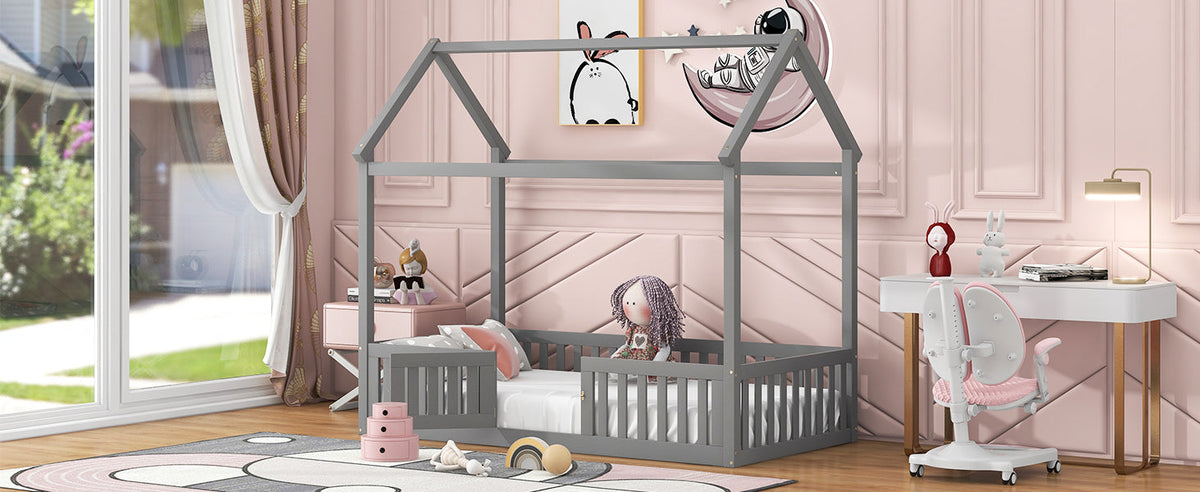 Twin Size Wood House Bed with Fence and Door - Gray