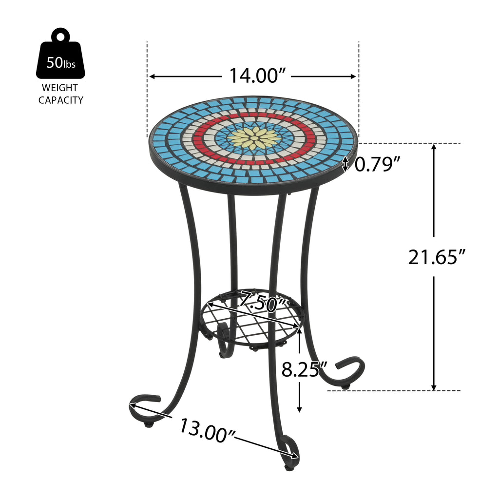 Patio Side Table with Shelf, Blue + Black
