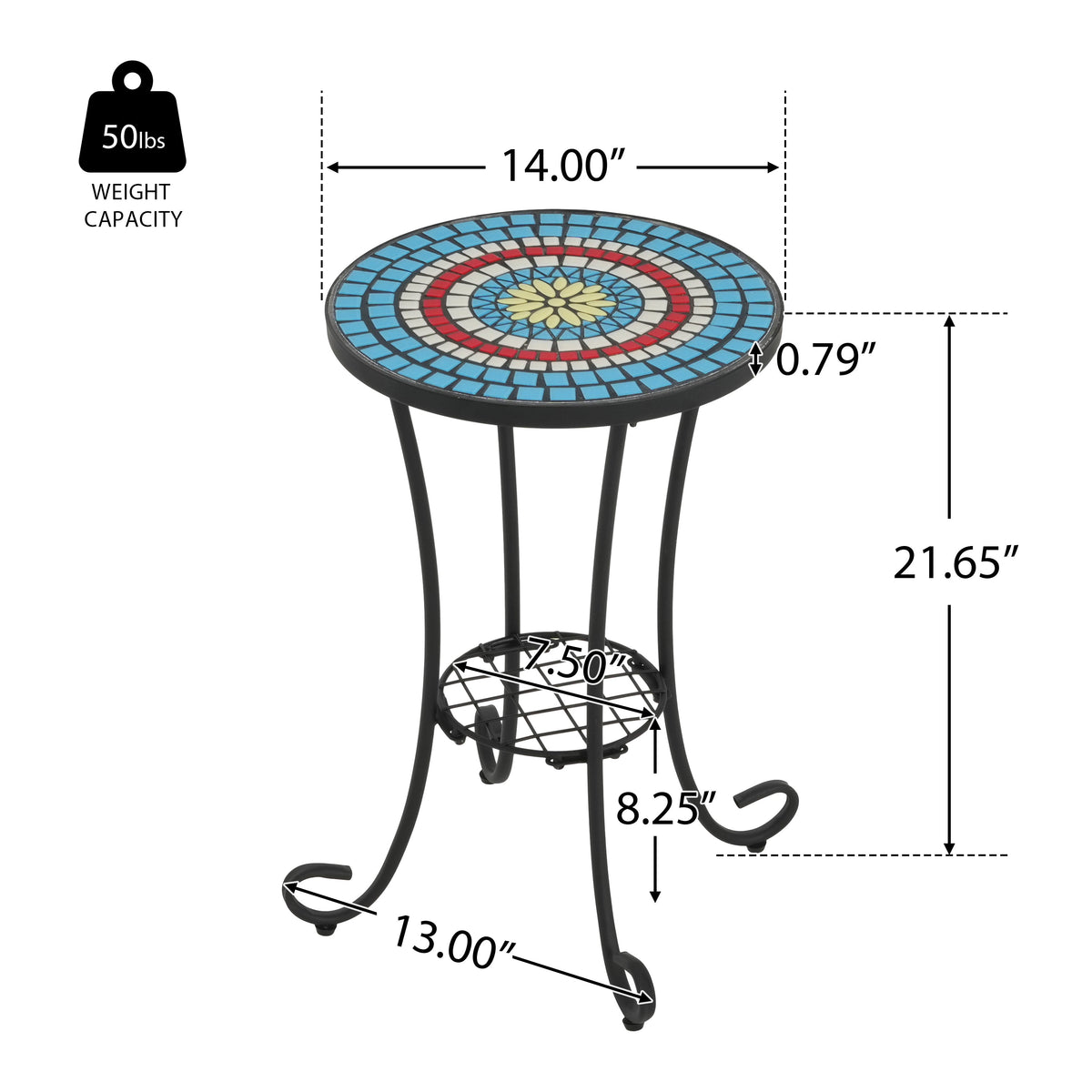 Patio Side Table with Shelf, Blue + Black