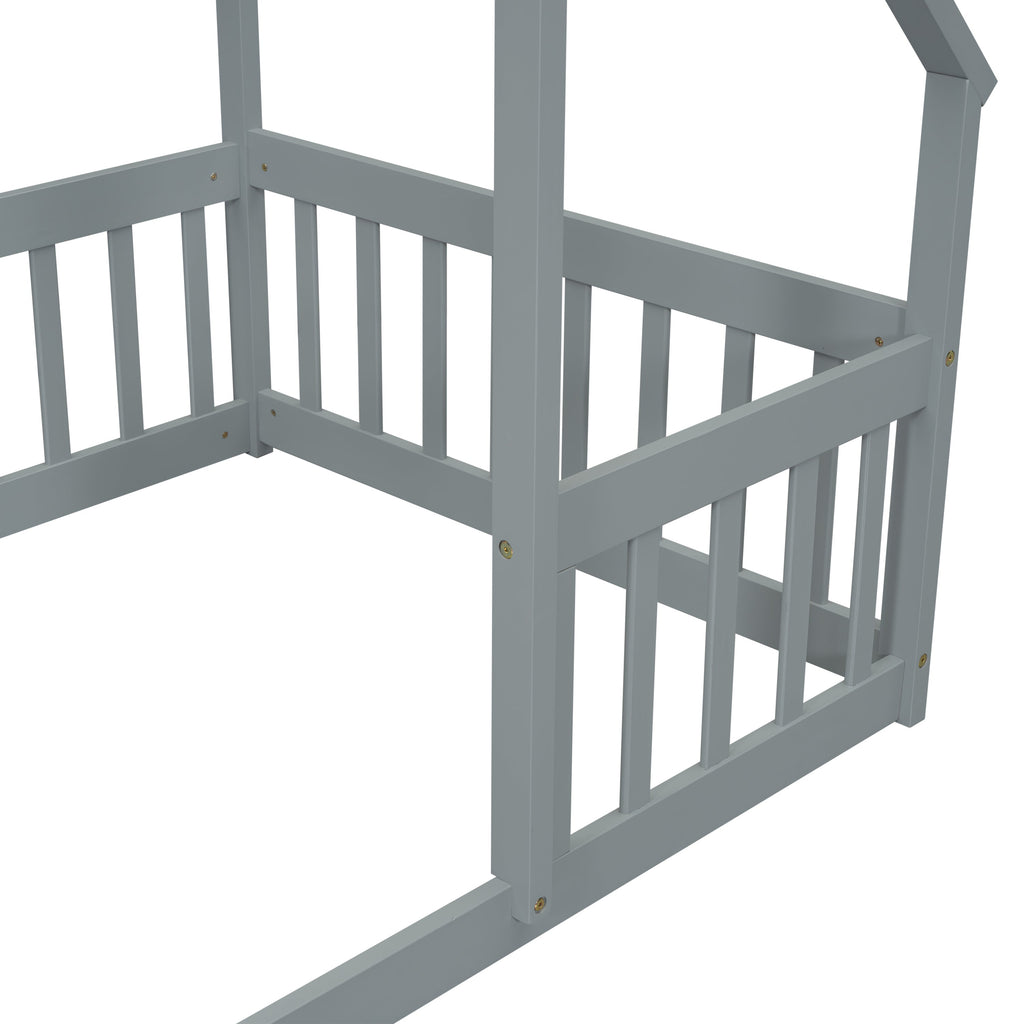 Twin Wood House-Shaped Floor Bed with Fence, Guardrails