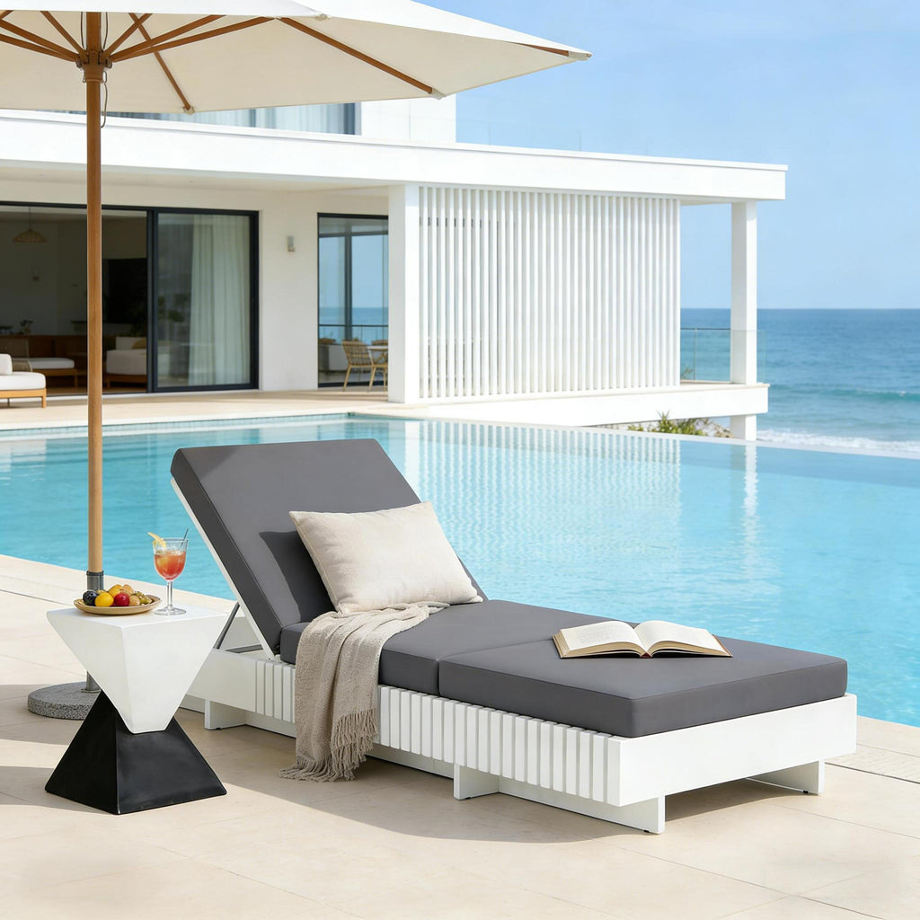 White Acacia Solid Wood Outdoor Chaise Lounge with Dark Cushions