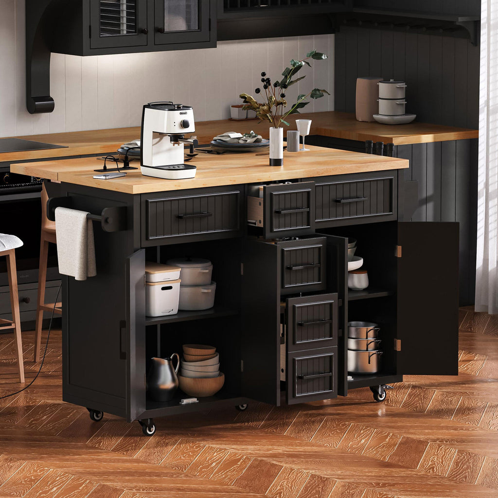 K&K 56.5'' Kitchen Island with Drop Leaf and Power Outlet