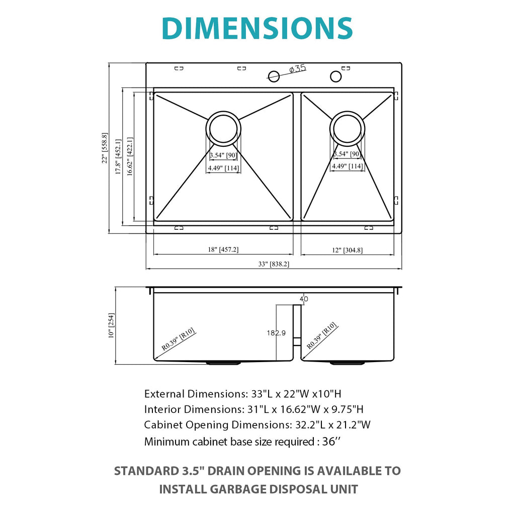 Topmount Drop-In Kitchen Sink - 33"x22" Double Bowl