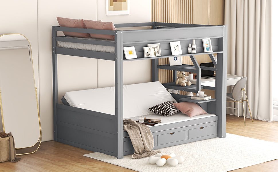 Wood Full Size Convertible Bunk Bed with Storage Staircase and Drawers
