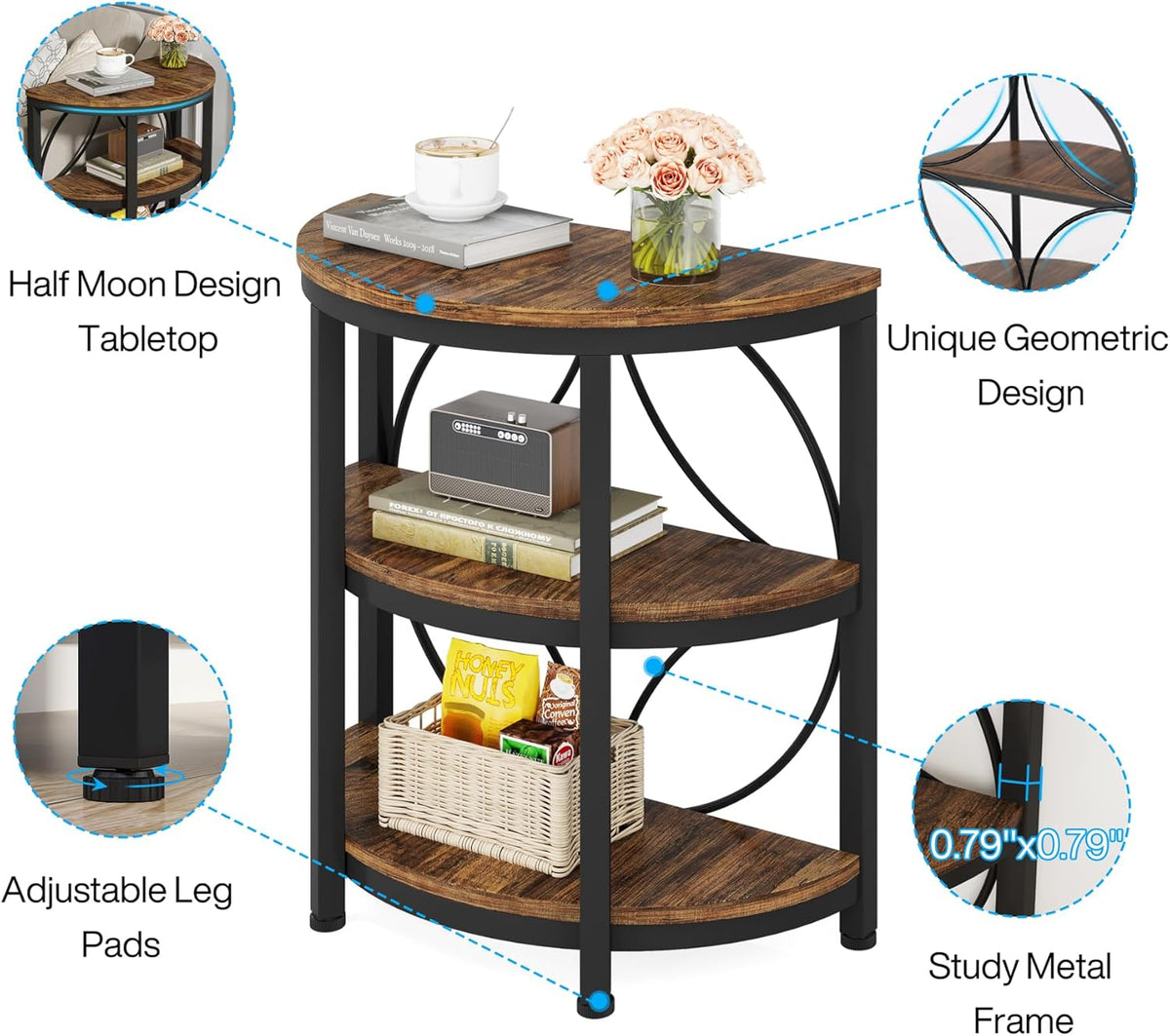 23.62” Industrial 3-Tier Half Moon End Table