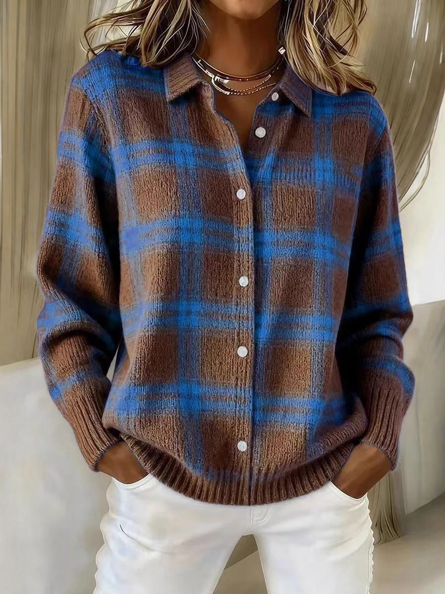 European And American Cross-Border Amazon Independent Station Women's Casual Loose Autumn And Winter Plaid Long-Sleeved Lapel Shirt Sweater Cardigan