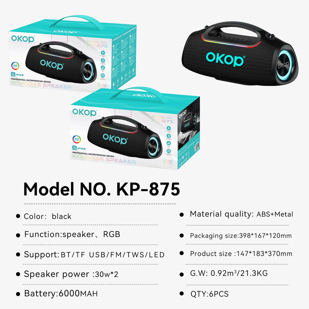 KP-875 Best-selling Portable Wireless Bluetooth Speaker High-Power RGB Lighting Multifunctional Ideal For Outdoor Parties In Stock