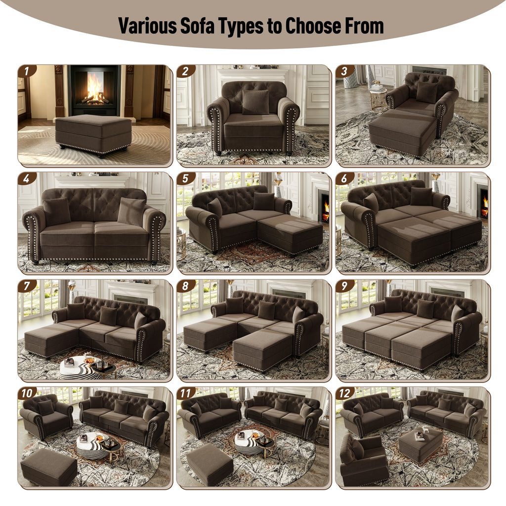 Upholstered Velvet Sofa with Nailhead Trim and Ottoman