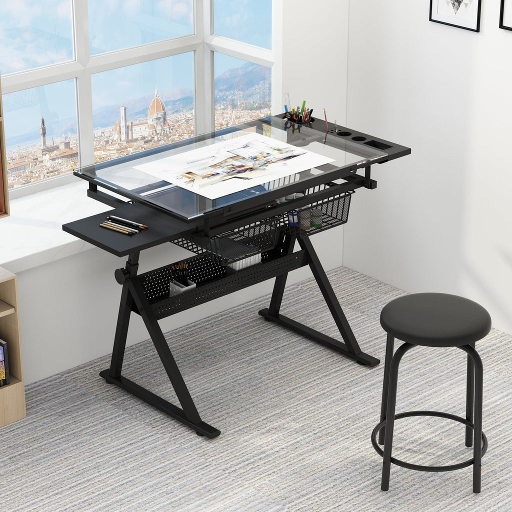 Black Adjustable Tempered Glass Drafting Table with Chair