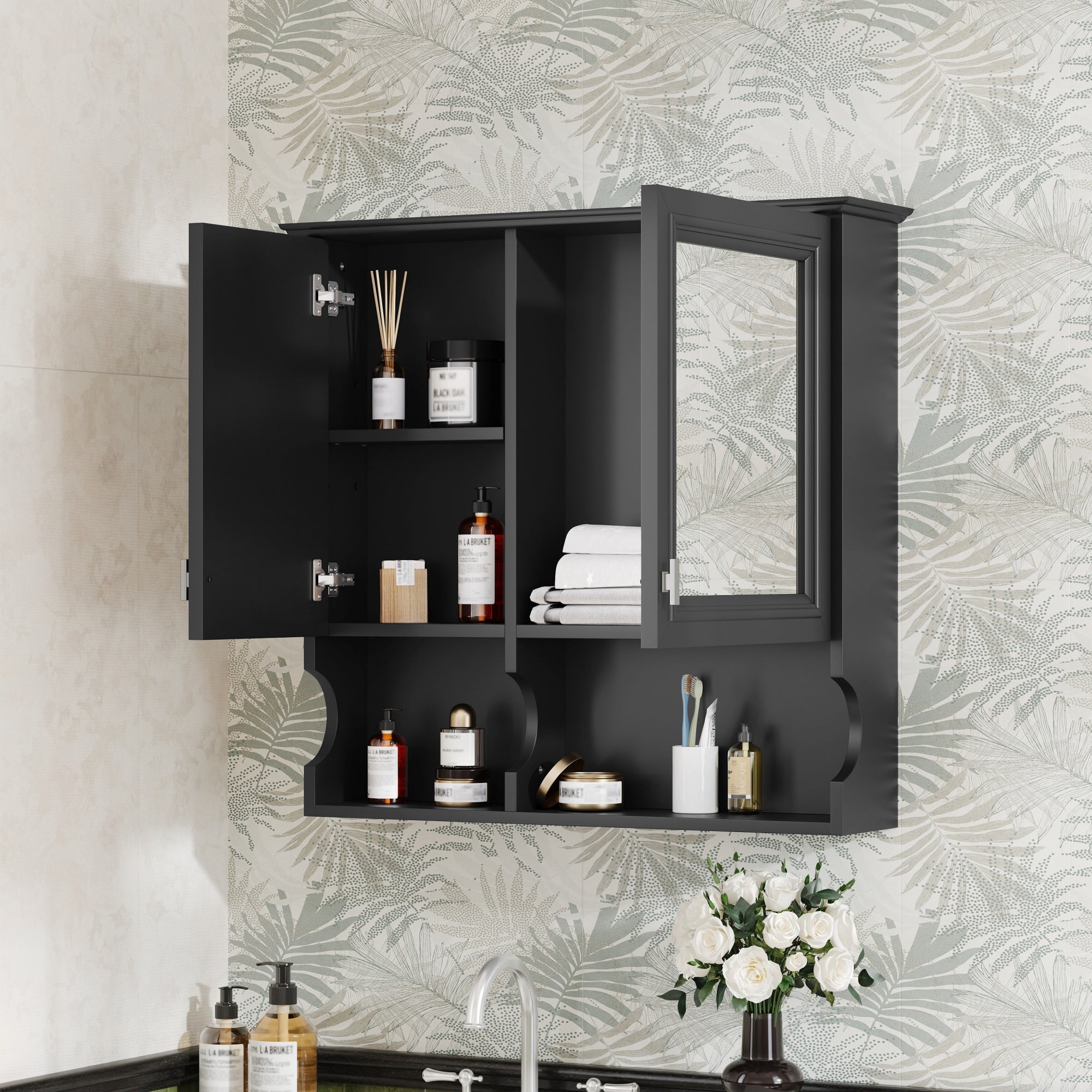 30 Inch Mirror Medicine Cabinet with Open Shelves
