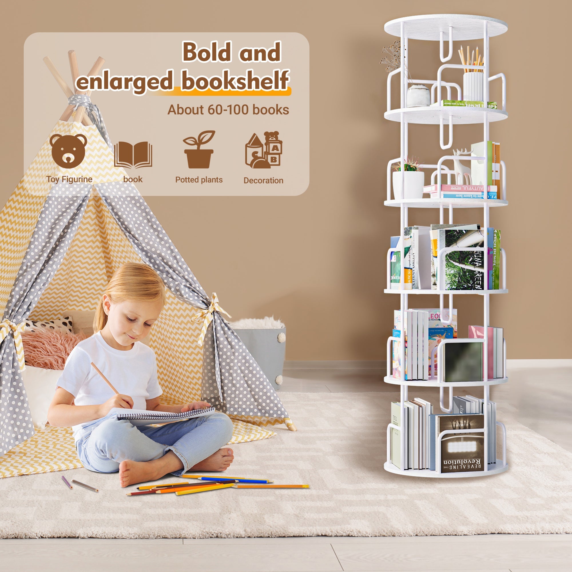 Rotating Bookshelf Tower 5 Tier