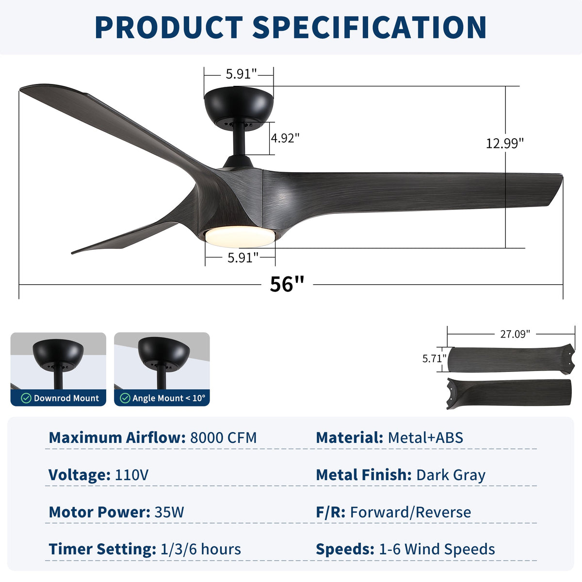 56" Modern Farmhouse Reversible Quiet Motor Ceiling Fan Light