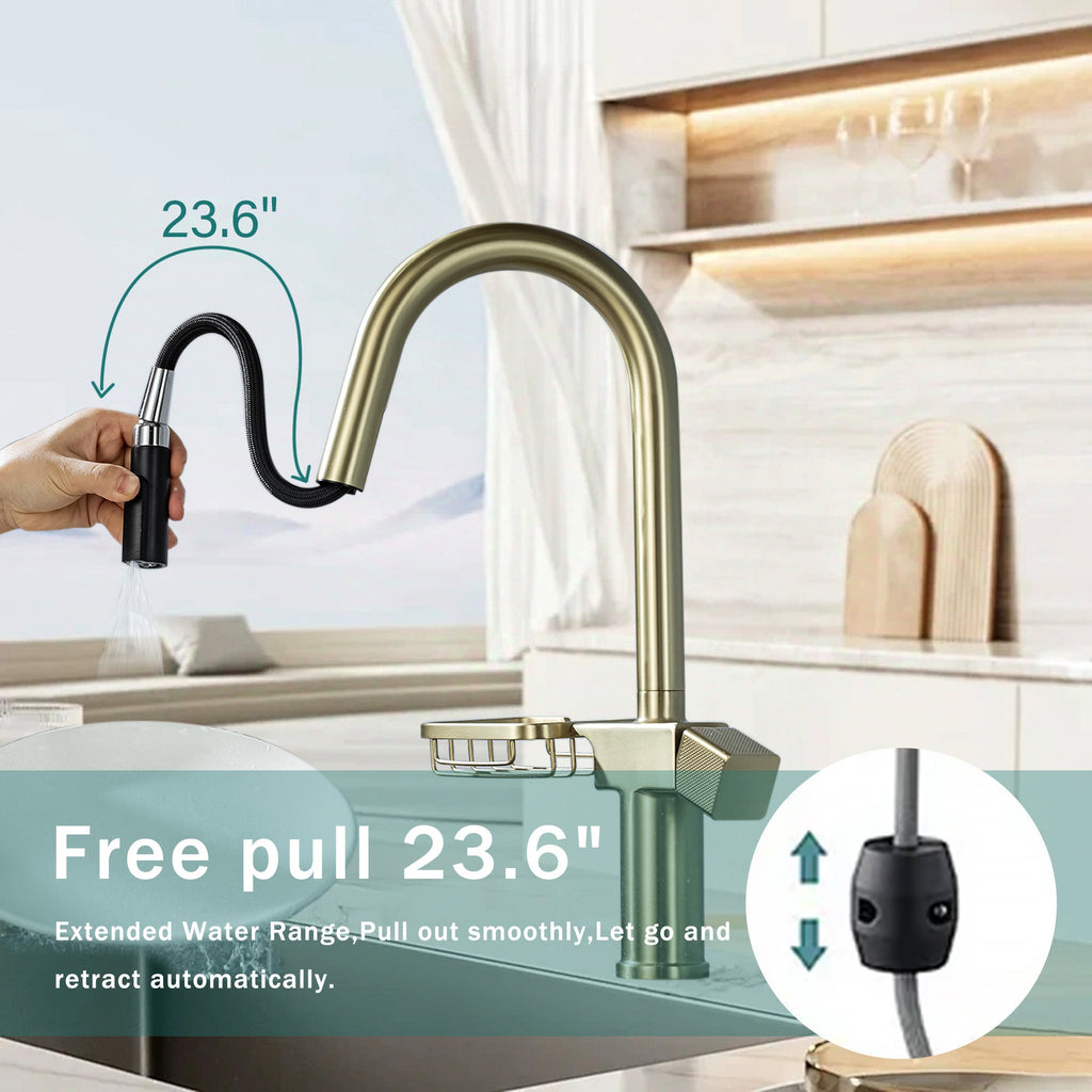 High Arc Pull-Down Kitchen Faucet - Brushed Gold