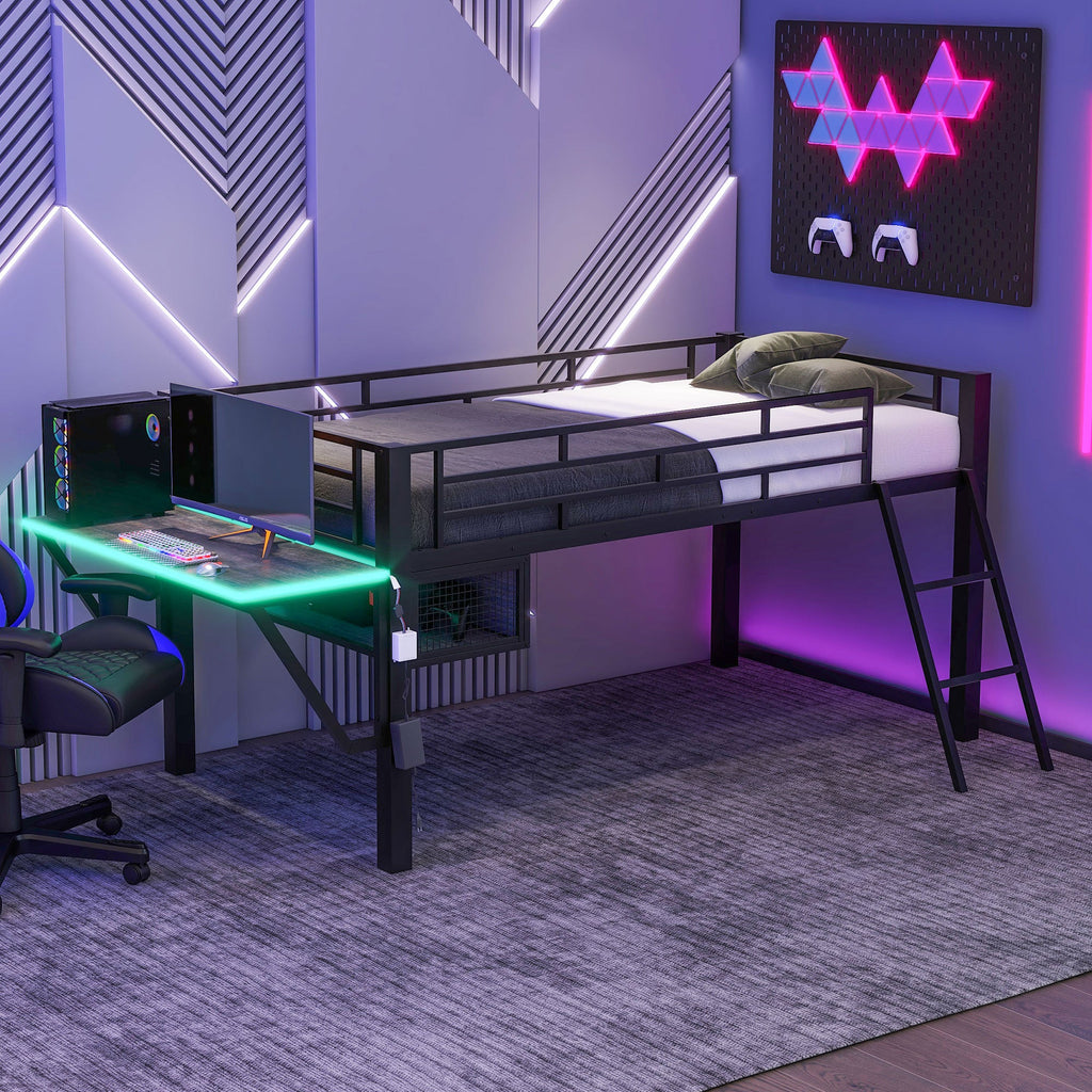 Gaming Mid Loft Bed With Desk & LED, Twin Size