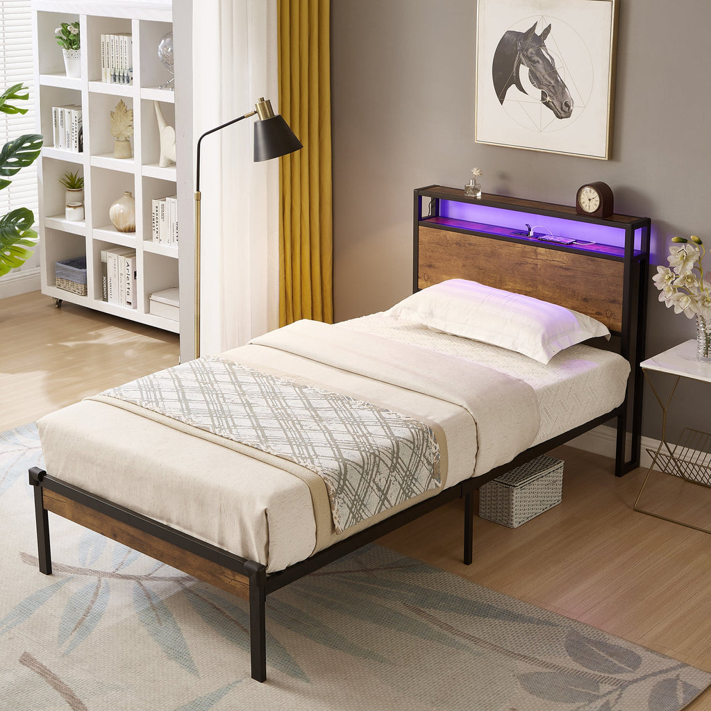 Twin Size Metal Platform Bed Frame with Wooden Headboard