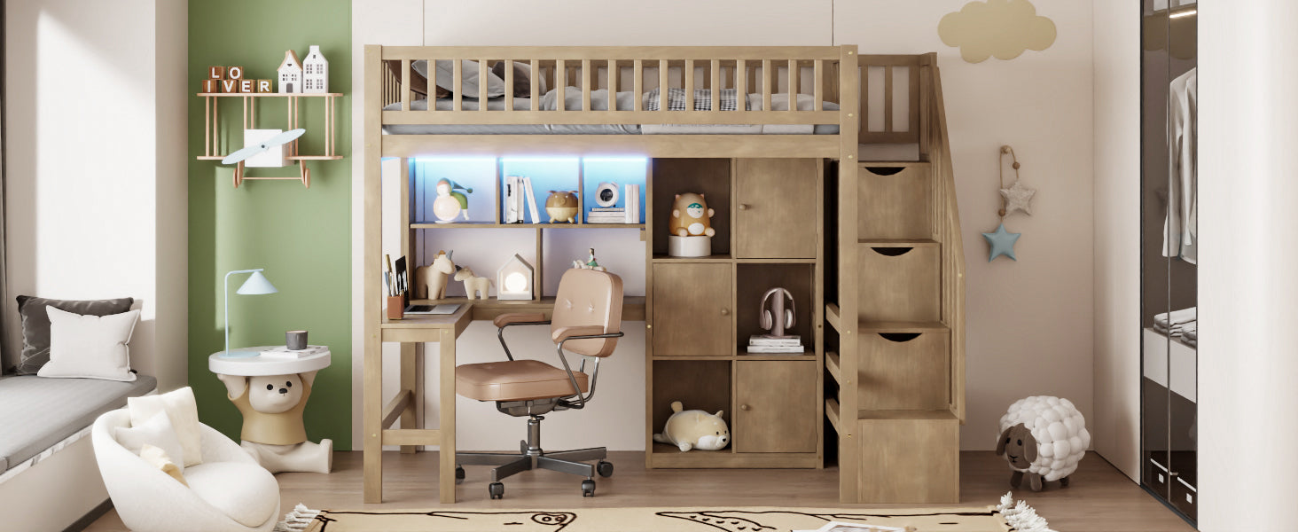 Wood Twin Size Loft Bed with Built-in Desk, LED, Storage Shelves, Cabinets and Staircase