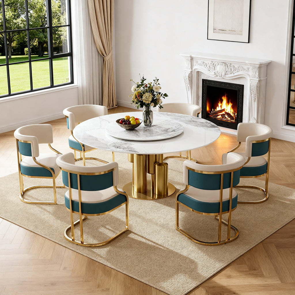 59" Round Sintered Stone Dining Table Set with Lazy Susan