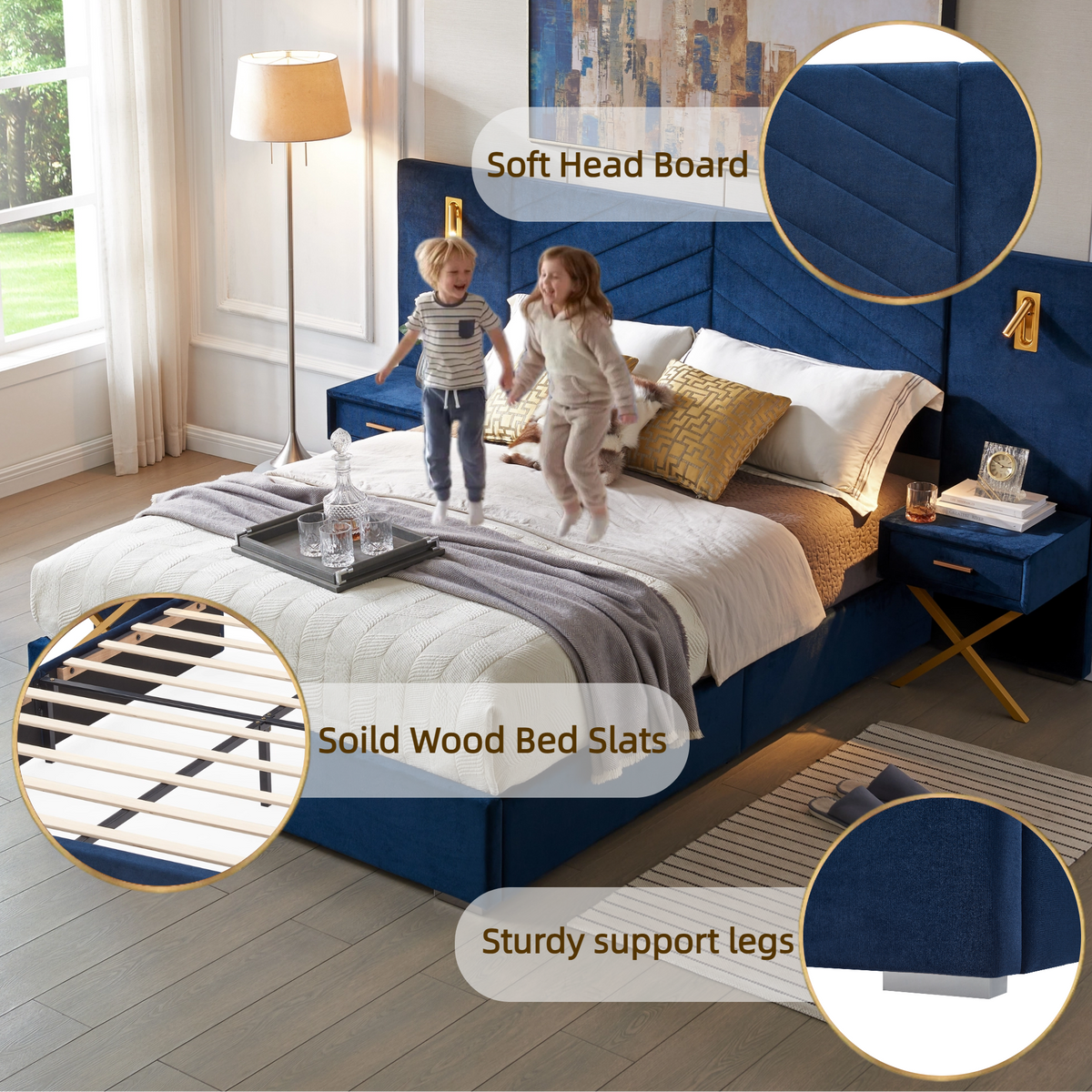 Queen Size Velvet Bed Frame with Wingback Headboard