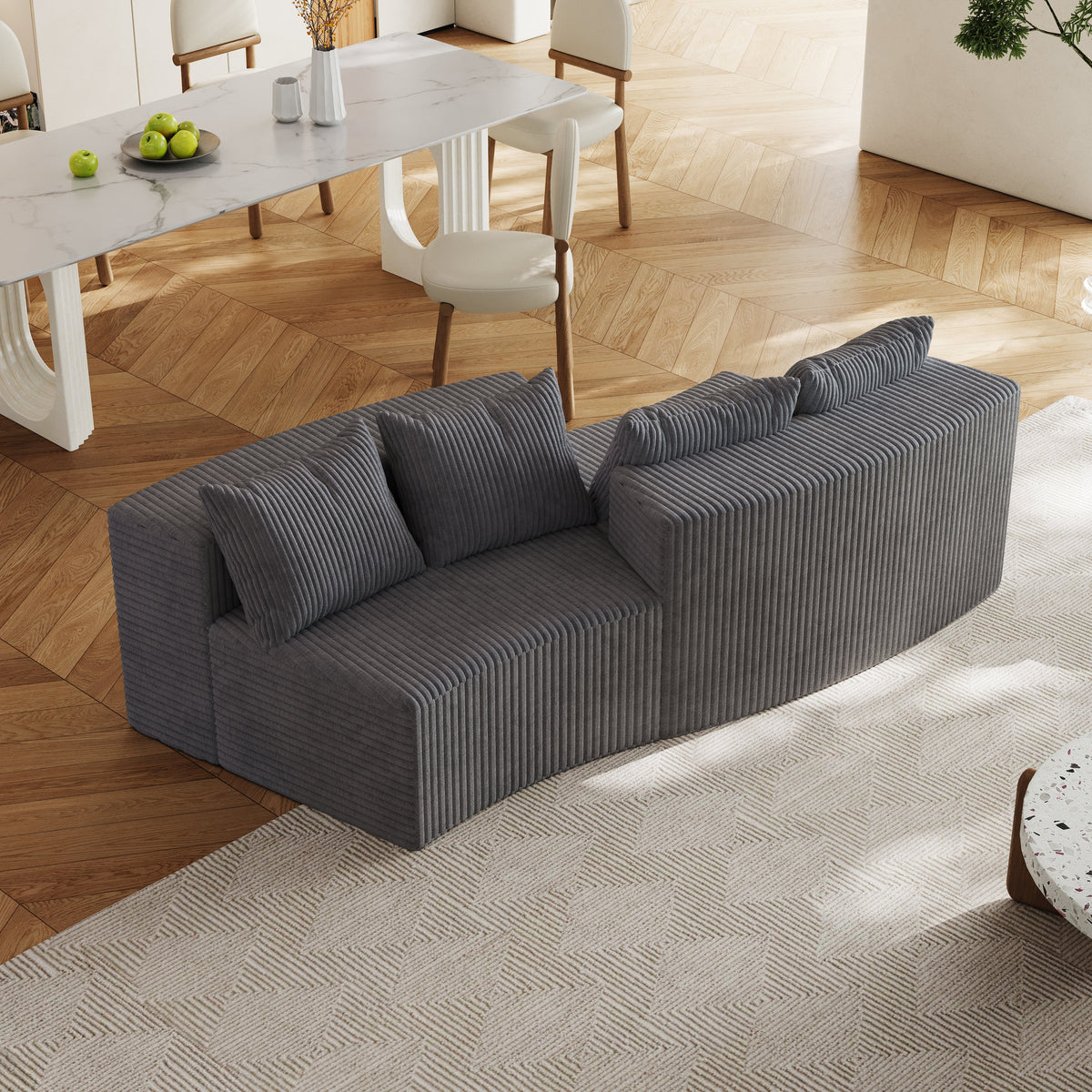 Corduroy Curved Sectional Sofa with Four Pillows