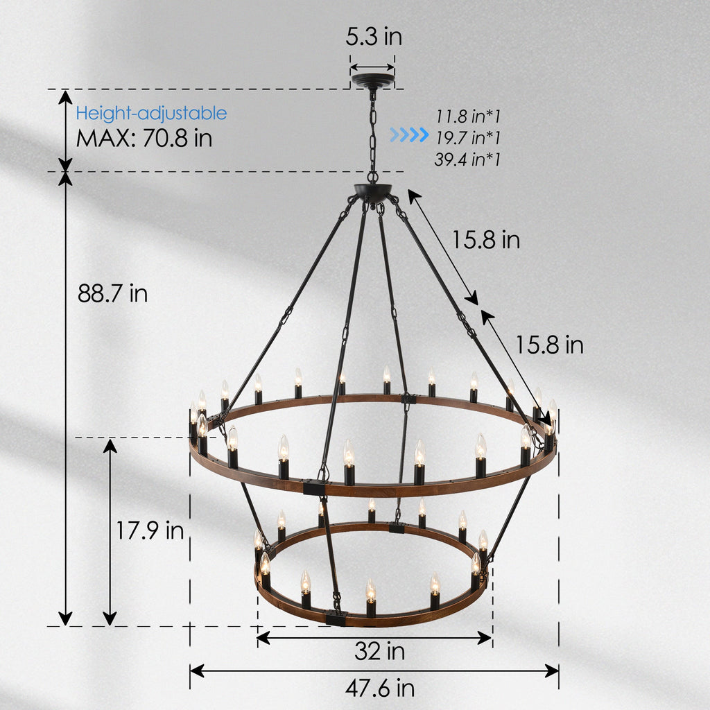 Large Solid Wood Wagon Wheel Chandelier - 32 Lights