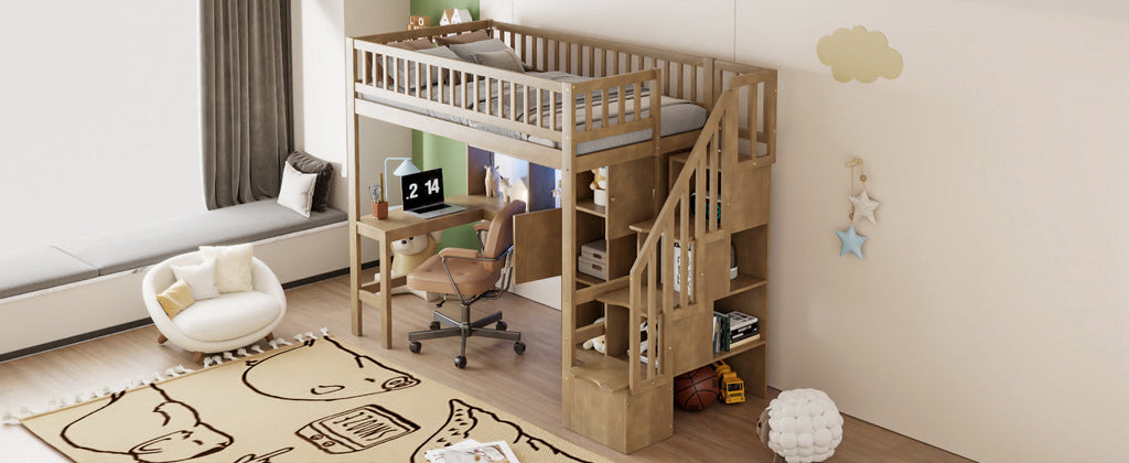 Wood Twin Size Loft Bed with Built-in Desk, LED, Storage Shelves, Cabinets and Staircase