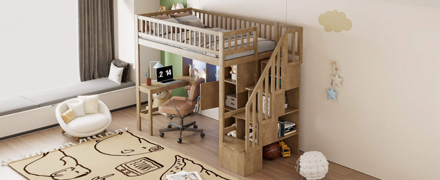 Wood Twin Size Loft Bed with Built-in Desk, LED, Storage Shelves, Cabinets and Staircase
