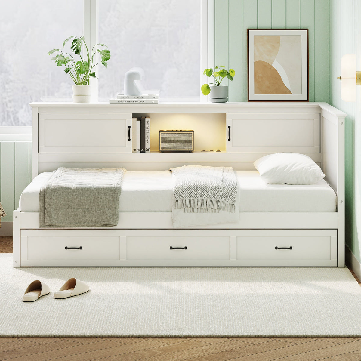 L-Shaped Bed Frame with Drawer and Bookcase