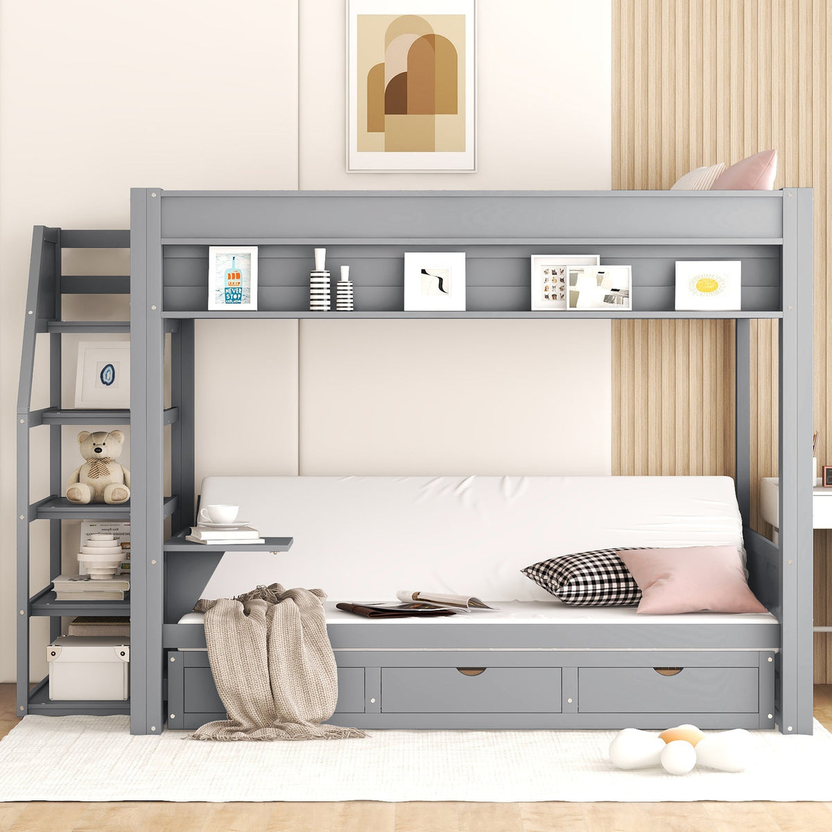 Wood Full Size Convertible Bunk Bed with Storage Staircase and Drawers