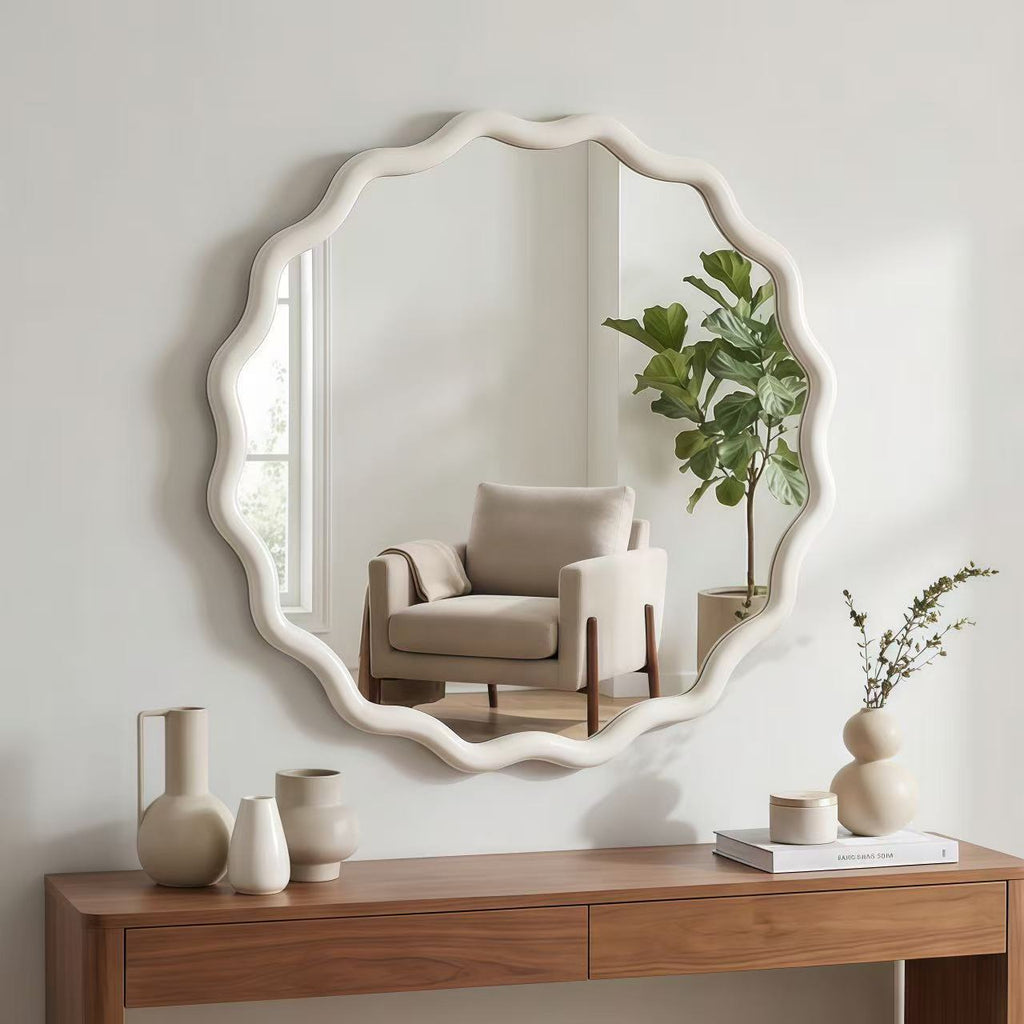 White 24 inch Wavy Round Solid Wood Frame Decorative Mirror