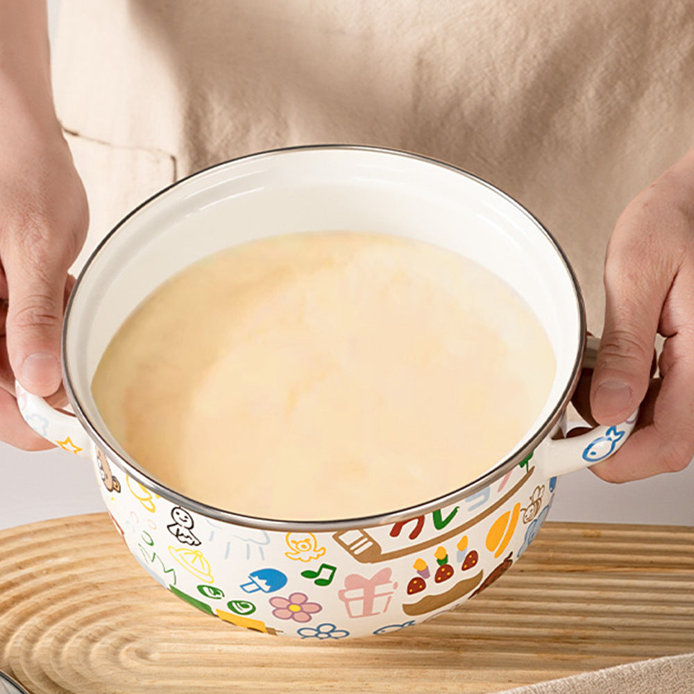 Double-handled Enameled Instant Noodle Bowl With Lid, Heat-resistant Oil Can