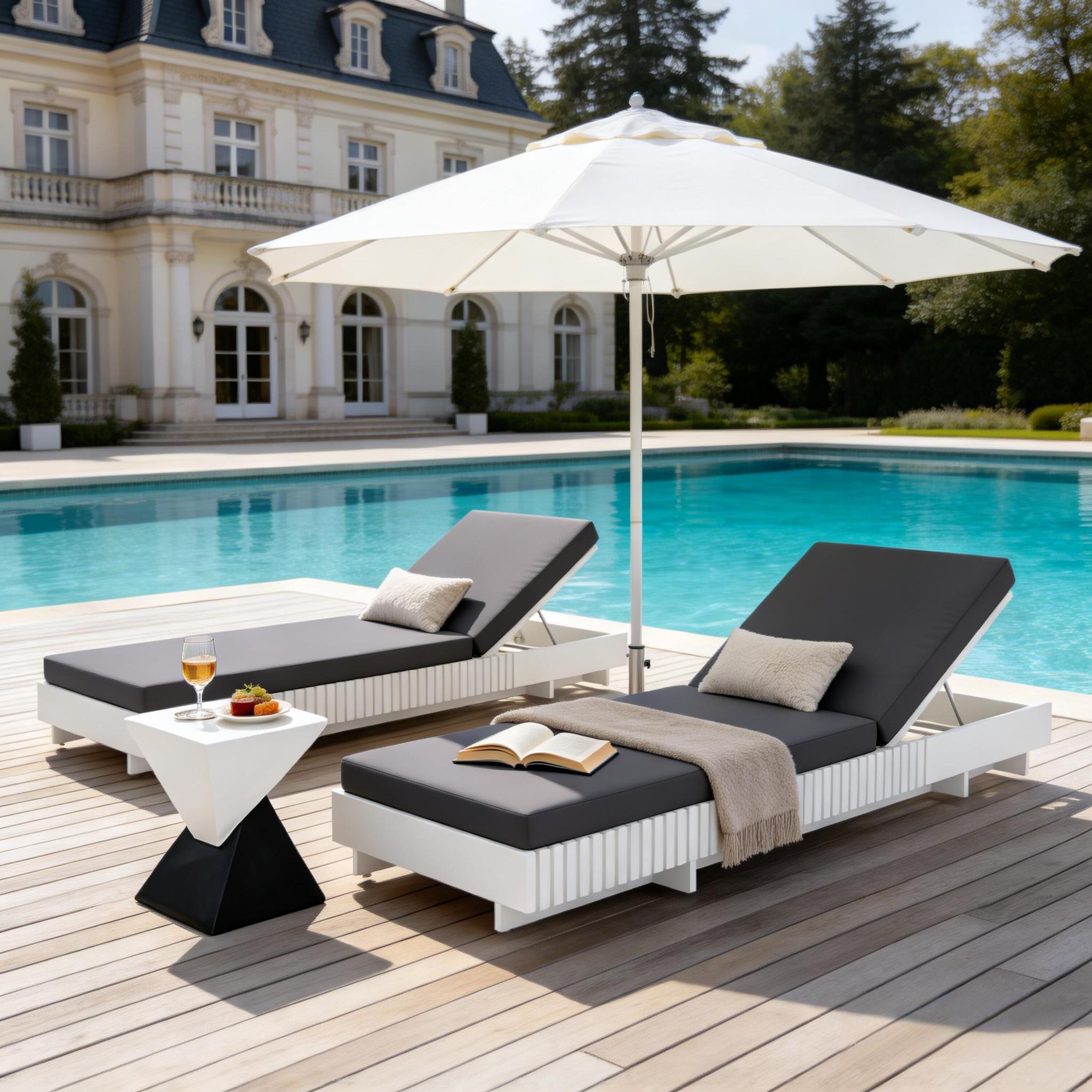 White Acacia Solid Wood Outdoor Chaise Lounge with Dark Cushion