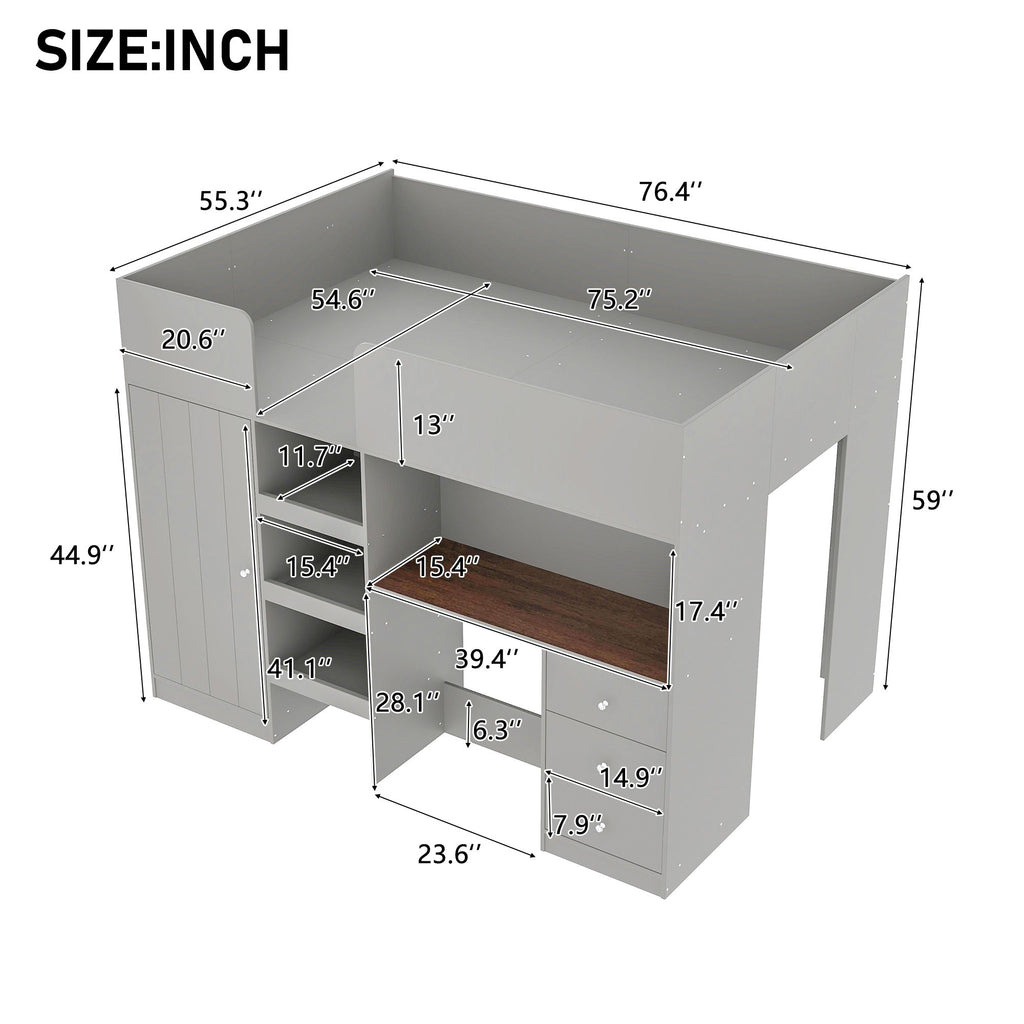 Wood Full Size Loft Bed with Built-in Wardrobe, Desk, Storage Shelves and Drawers