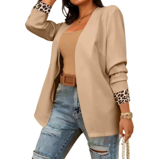 Womens Leopard-Print Patchwork Long-Sleeve Blazer