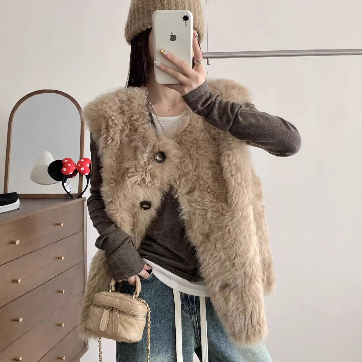 Sheepskin-look Vest Mid-length Leather-and-fur Vest