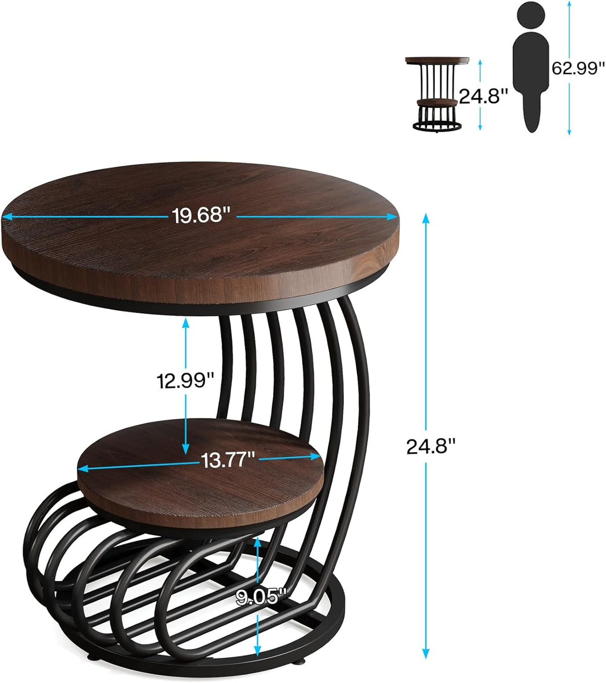 19.68" Round Vintage End Table with 2-Tier Storage – Rustic