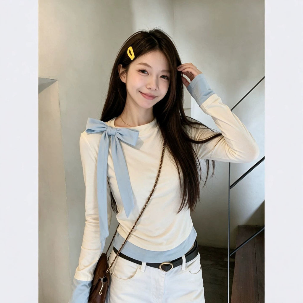 Light Blue Long-sleeved Blouse With A Bow For Women
