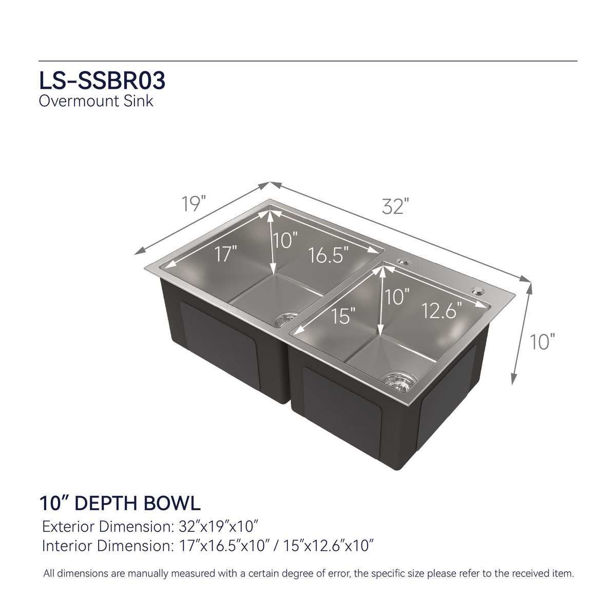 Stainless Steel Kitchen Sink, 32″x19″ Double Bowl in Brushed Nickel