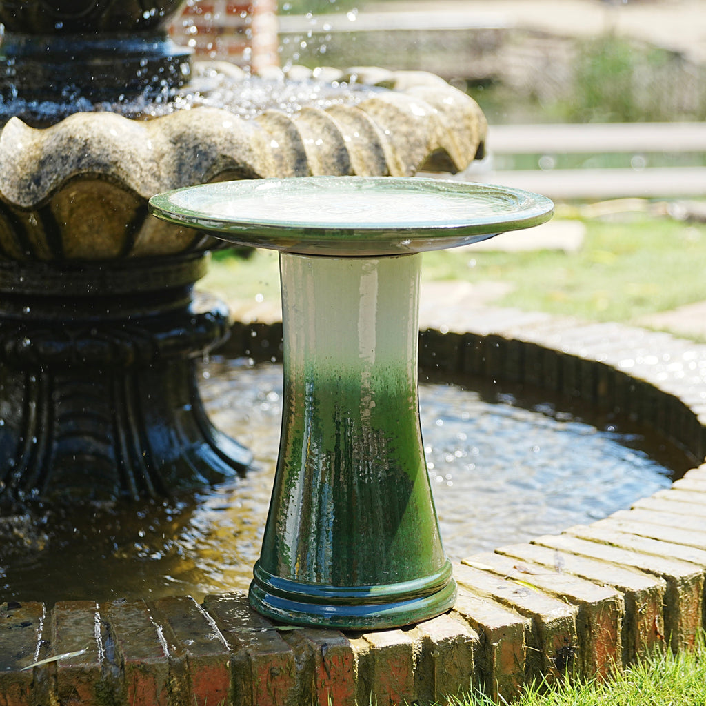 Handmade Glazed Ceramic Bird Bath, 17" Concentric Ripple Embossed Tray & 18" Pedestal Base