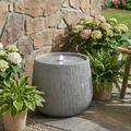 12.99"H Gray Bowl-Shaped Outdoor Fountain with LED Light