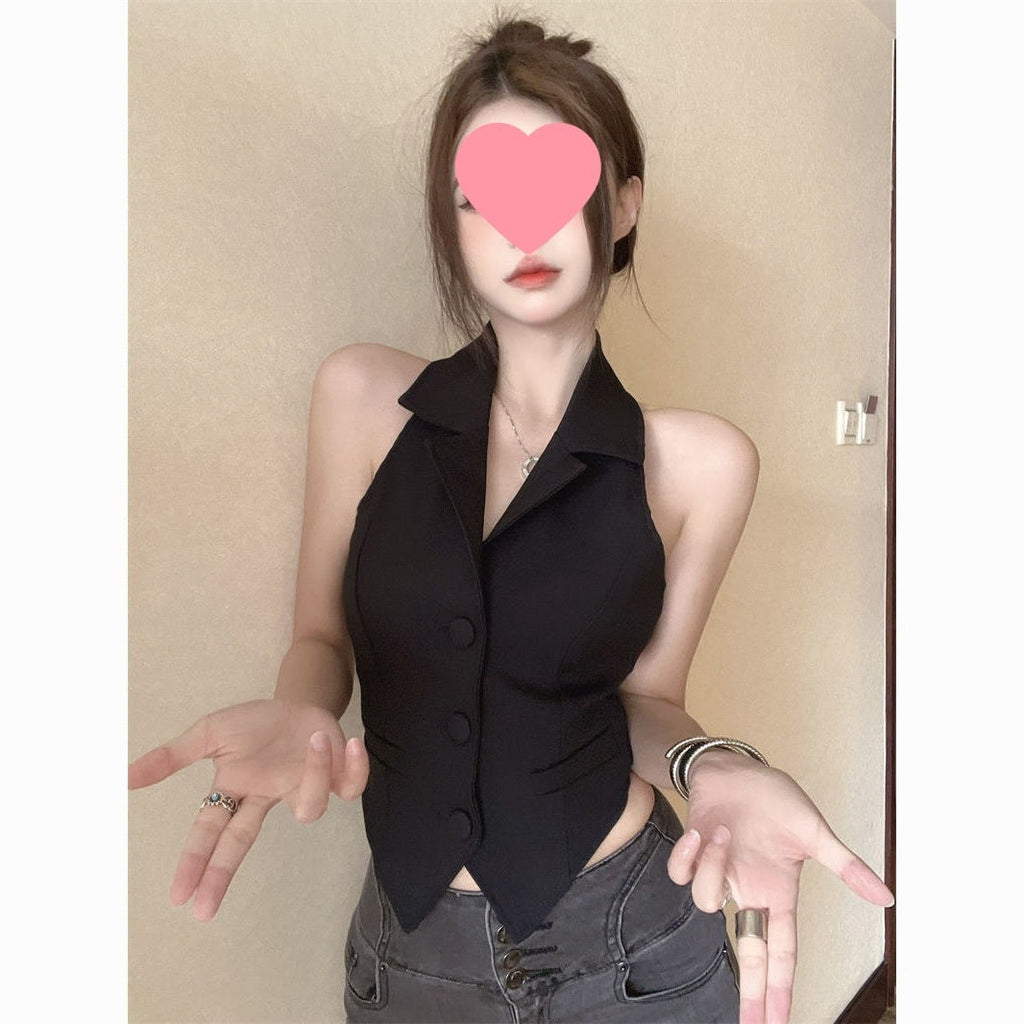 Halter Neck Backless Short Blazer Vest - Women's Sleeveless Tailored Crop Top for Party Club